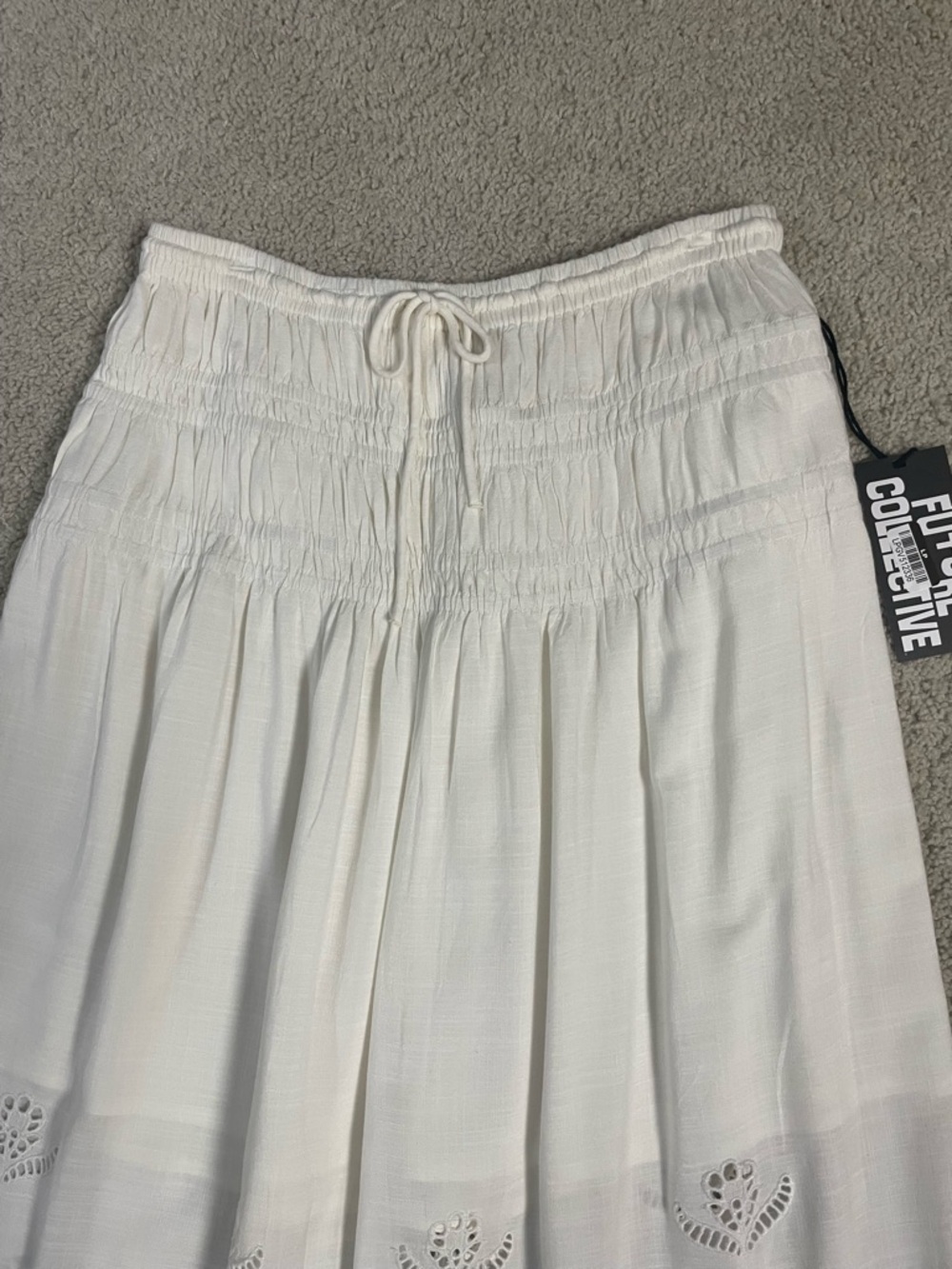 FUTURE COLLECTIVE White Rayon EMBROIDERED High Rise Eyelet DROP A-Line SKIRT - Picture 2 of 7